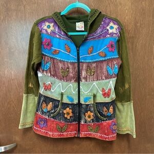 India Boutique Patchwork Full Zip Hoodie Sz M boho hippie festival whimsy retro